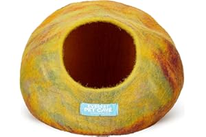 EVEREST DOG CHEW Cat Cave Bed, Everest Pet Bed, Handmade, Wet-Felted, 100% New Zealand Wool (Yellow Hue)