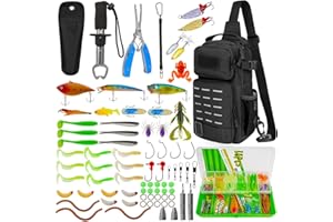 ‎THKFISH THKFISH 79-teiliges Angeltaschen Set, Wasserdichter Angelrucksack mit Boxen, Angeltasche für Angeln, inklusive Angelzangen, Ködern, Fischhakenentferner und Lip Gripper