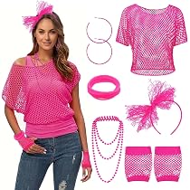 Déguisement Années 80 Femme - T-shirt Résille, Accessoires Fluos, Bandeau, Guêtres - Tenue Disco Carnaval Fête Néon - 7