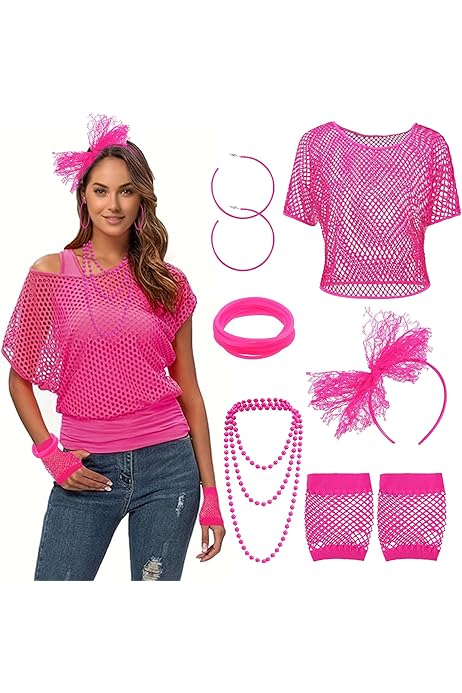 Set Accessori Anni '80 - 5 Pezzi Per Feste In Stile Retr&ograve;: Guanti, Collana, Fascia, Orecchini E Bracciali