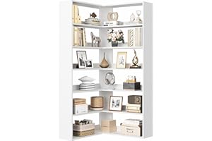 IRONCK Corner Shelf 6 Tiers, 180cm Tall Corner Bookshelf, L-Shaped Bookcases free standing with Baffles, wooden book shelf, Storage Display Rack, Shelving Units for Living Room Bedroom Office (White)