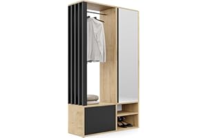 ‎GREKPOL GREKPOL 100x33x190 cm (Rechts/Links) Garderobe Set mit Spiegel - Flurgarderobe Set Artisan + Schwarz - Garderobenschrank Flur mit Sieben Regalböden und Kleiderhaken