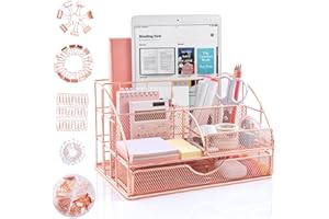 ARCOBIS Schreibtisch Organizer und 72 Metall Zubehör, Großer Roségold Büro Organizer mit 6 Fächern + 1 Schublade, Mesh Stiftehalter Schreibtisch für Büro, Schule und Haushalt, 18t x 15b x 26h cm
