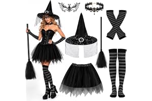 SelfTek Halloween Häxdräkt Dam, med Vuxen Tyllkjol & Häxhatt | Häxkostym med tyllkjol, häxhatt, armvärmare, strumpor, kvast