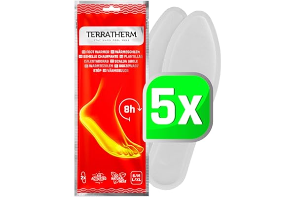 TerraTherm Plantillas Calentadoras - Activado por Aire - para 8 Horas de pies Calientes - 5, 10 o 30 Pares - 100% Calor Natural - Almohadillas Termicas
