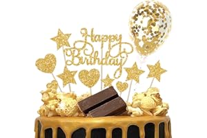 AMIGOGO Happy Birthday Cake Topper, Oro Decorazione Per Torta, Ragazze Ragazzi Donne Uomo Torte, Compleanno Stelle Cupcake Toppers, Bambini Forniture Glitter, Feste Di Coriandoli, Palloncino Ventagli