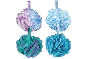 VELLUSTRA Lot de 4 éponges Exfoliantes pour le Corps et Le Bain de Luffa, 75g, Femmes, Hommes en Maille Douce, Loofah de Douche, Boule De Douche, pour Exfolier La Peau Nettoyer La Apaisante