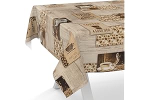 ANRO Obrus ceratowy, zmywalny, motyw stołu ogrodowego, kawowy, 100 x 140 cm, krawędź cięcia