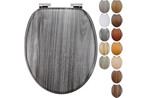 Fanmitrk Grey Wooden Toilet Seat with Soft Close Adjustable Solid Hinges, MDF Wood Oval Toilet Seats (BLG24802)