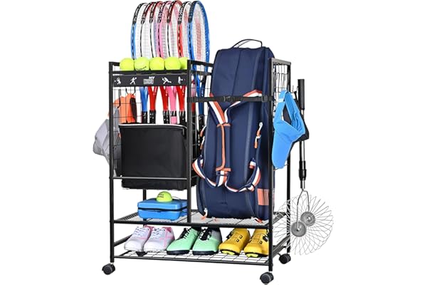 Mythinglogic Organisateur de sac de tennis, étagère de rangement pour raquette de tennis, support pour sacs, balles, raquettes et accessoires