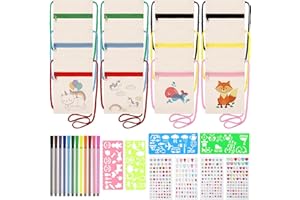 LVEFYTI 12 Stück Stoffbeutel zum Bemalen für Kinder, 18×13 cm Kinder Umhängegeldbeutel mit 12 Farbe Stiften & 4 Malschablonen & 4 Diamant-Aufkleber DIY Beige Brustbeutel für Geburtstagsfeier Schule Feier