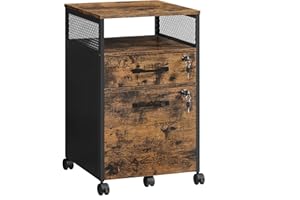 ‎VASAGLE VASAGLE Szafka na dokumenty, szafka na dokumenty biurowe z 2 zamykanymi szufladami, kółkami, otwarta półka, na foldery wiszące, rama stalowa, styl industrialny, rustykalny brąz i czarny OFC077B01