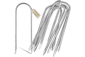 Graxury 12inch Heavy Duty Trampoline Tents Anchor Ground Pegs - Galvanized Steel Rust-Proof U Hook Rebar Stakes Fit Camp Garden Shed Swings with Chisel Point End Silver (6 PCS)