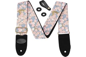 BestSounds – Sangle de guitare motif fleurs de cerisier roses avec bouton de sangle, 2 verrous de sangle et extrémités en cuir pour basses, guitares électriques et acoustiques