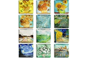 Berkin Arts Juego de 12 Imanes para Nevera 3D Cuadrado Fridge Magnets Bonitos Imanes Decorativos Amarillo Azul Verde Azulado Planta Girasol Noche Estrellada para casa Vincent Van Gogh Series