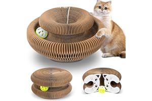 EXTFANS Rascador Cartón Corrugado para Gatos con Bolas Campana, Cama Plegable Interactiva + Almohadilla para Garras– Ideal para Divertimento y Mantenimiento de Garras
