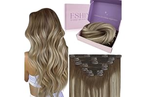 Fshine Extensiones de Cabello Humano Clips 14 Pulgadas 120g Balayage Hair Extensions Color 6 Marrón Medio Desvaneciendo a 60 Rubio Resaltado con Color 6 Pelo Extensiones con Clip Color 6 60 6