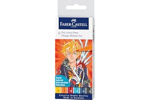 Faber-Castell 167157 Set de Stylos à Encre Shônen, Étui avec 6 Stylo-billes de Différentes Couleurs, Idéal pour le Dessin Précis ou le Manga Créatif