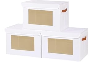 YheenLf 3 Stück Aufbewahrungsboxen, Schrank Organizer, Faltbare Stoffbox mit Deckel, Aufbewahrungsbox Kleiderschrank mit Transparentem Fenster, Kasten Boxen mit Griff, Weiß, 38x25x25cm