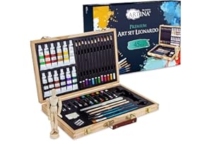 Artina 45tlg Malset Leonardo Malkoffer Set - Zeichen Set Malset in Holz Malkasten - Künstlerkoffer inkl. Buntstifte, Acrylfarben, Pinsel, Öl Stifte UVM. - Stifte Set für Einsteiger & Hobbymaler