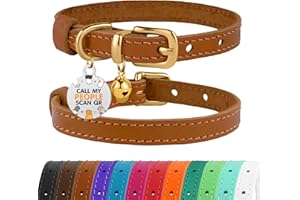 BRONZEDOG Collare per gatti in pelle con etichetta QR-ID rimovibile, collare per gattini con campane, anti-strappo, per ragazze e ragazzi (18-22 cm, marrone chiaro e oro)