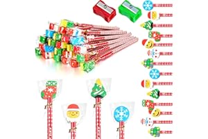 Nezyo 24 Pcs Christmas Pencils with Eraser and 2 Pcs Pencil Sharpeners Wooden Pencils with Christmas Themed Erasers Stationery Gift Set for Christmas Stocking Fillers Kids Children Gifts