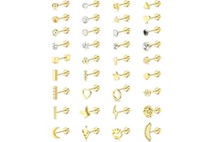 ADRAMATA 36 Piezas de Aretes de Cartílago para Mujeres y Hombres Aretes de Acero Inoxidable Pequeños Tornillos con Parte Trasera Geométrica Aretes de Barra Plana Joyería Piercing