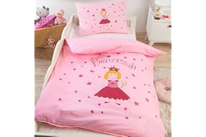 ‎BASATEX BaSaTex Kinder Baby Bettwäsche Set für Mädchen und Jungen | 100x135 cm + 40x60 cm | 100% Baumwolle Renforcé | Reißverschluss | Prinzessin – Sterne | pink/rosa