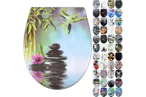 Fanmitrk Abattant de WC avec système d'abaissement automatique - Couvercle de toilette en Duroplast avec fermeture rapide - Montage par le haut - Siège de toilette avec motif zen