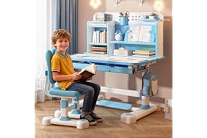 CUKOEKIM Kids Adjustable Desk and Chair Set, Children's Study Table ＆ Chair Set with Dividers ＆ Drawers, Home School Study Desk with Ergonomic Chair, Kids Desks and Chairs for Writing Reading Learning (Blue)