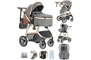 Lnhcrbs Set de Cochecito De Bebé 3 en 1, Cochecito Bebe de Altura Ajustable Con Asiento de Coche, cochecito bebe 3 piezas de Bebé para Bebés de 0-4 Años con Mosquitera Bolsa para Mamá Porta Biberón