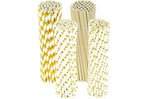 PATAZOK 200pcs Papierstrohhalme Gold Papier Strohhalme Trinkhalme Papierhalme Weiß Halme für Hochzeit Geburtstag Cocktail Party Feier Dekorationen, 19.6cm