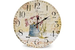 LOHAS Home 30cm Silent Wooden Round Wall Clock Vintage Rustic Chic Style Arabic Numerals Wooden Round Decorative Wall Clock (Cafe & Flower)
