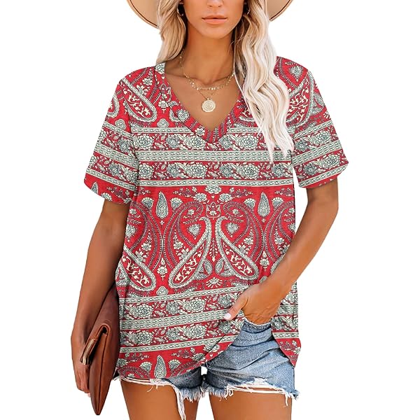 MOLERANI T-Shirt Femme Col V Plissé Manches Courtes – Top Ample Et Confortable D'Été – Style Décontracté Chic