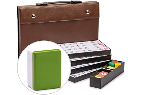 Yellow Mountain Imports Japanese Riichi Mahjong Set - Large White and Green Tiles, Vinyl Case - Includes East Wind Tile, Betting Sticks, and Dice…