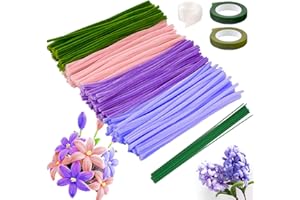 VIBINHO 400PCS Fil Chenille, Kit Bouquet Cure Pipe pour Fleurs Tulipes avec Fil Métallique Vert, Ruban Floral, 2 Rouleaux de Ruban Adhésif, 4 Couleurs Bouquet pour Décoration DIY (Violet)