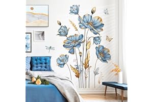 decalmile Adesivi Murali Grande Blu Fiori Adesivi da Parete Fiore Farfalle Floreali Decorazione Murale Camera da Letto Soggiorno Camerette Ragazze