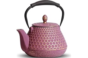 GUANGHEIRON Théière en fonte avec infuseur pour thé, café, motif nid d'abeille japonais, revêtement intérieur émaillé, poignée en silicone, 950 ml, violet