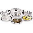 Pristine Stainless Steel Tri Ply Induction Base Multi Purpose Kadai (20cm) with Steel Lid and 2 Idli Plates, 2 Dhokla Plates, 1 Patra Plate, Pack, Silver