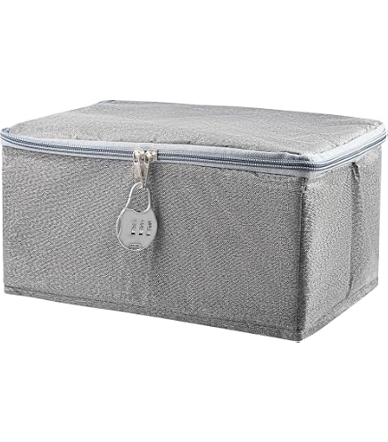 Boîte De Rangement Verrouillable Discrète – Coffret Pliable Avec Serrure à Code, Tissu Gris, Poignées