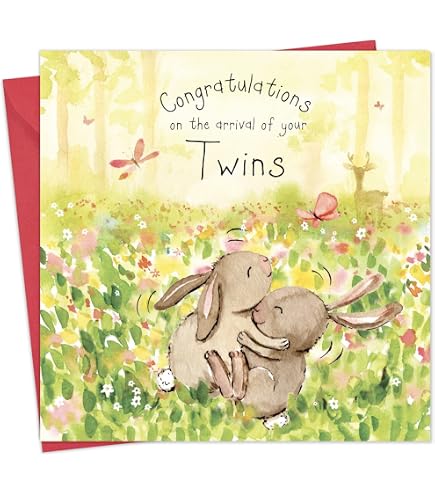 Biglietto di congratulazioni per nascite gemelle – finiture speciali – design artistico con animali del bosco – Welcome Little Ones – Prodotto nel Regno Unito – ecologico