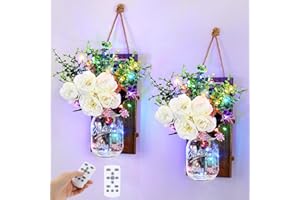 Glighone Wall Decoration for Living Room Mason Jar Wall Light with Remote, 4 RGB Colors/8 Lighting Modes/4 Timer, Artificial Flower LED Fairy Lights Dimmable Wall Decor for Bedroom Hallway (2 Pack)