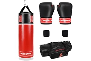 MSPORTS Set di sacchi da boxe professionali per bambini e ragazzi, 60 x 20 cm, con guantoni da boxe, bende da boxe e borsa – 5,5 kg rosso-nero