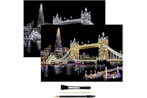 H Homewins Scratch Pictures 405 x 285 mm, World Famous Landmarks, Wall Picture, DIY Art, Drawing, City Night View, Black-Coated Colourful Scratch Paper with Tool Set