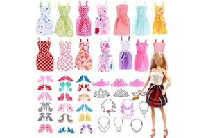 KHDULQ 32 Piezas Ropa Barbie, Vestidos Barbie Accesorios Barbie Zapatos Muñeca Realistas, Contiene 10 Prendas,10 Pares de Zapatos, 6 Coronas y 6 Accesorios, para 11 Pulgadas MuñEca (Estilo Aleatorio)