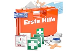 ‎PRAKTIKRAFT Apteczka pierwszej pomocy – DIN 13157 skrzynka na ścianę i do domu i zakładu – 5 x naklejki – apteczka pierwszej pomocy pomarańczowa – w zestawie uchwyt ścienny