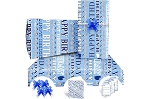 ZALIOAN Birthday Wrapping Paper，4 Blue Gift Wrapping Paper Floded 85 * 60cm with 4 Bows,2 Cards,4 Tags，Gift Wrap Pack for Kids,Baby,Female,Male on Birthday