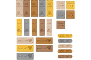 SUBTAVIK Etichette in Pelle PU Fatte a Mano con Amore - 25 Confezioni in Rilievo per Uncinetto, Fai Da Te (Giallo Marrone)