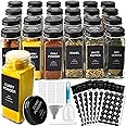 GPOVVIMX 24 Pcs Glass Spice Jars with 408 Labels, 4oz Empty Seasoning Bottles Square Containers with Black Metal Caps - Shaker Lids, Funnel, Brush and Marker Included