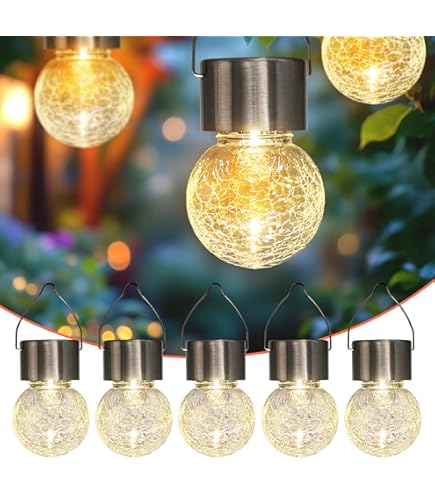 Lumineo Solar tuinlamp, 6 x 9 cm, crash glas, led-zonnelamp voor tuin, balkon, bol, hanglamp, buitenlamp, zonnelampen voor buiten, hangend als tuindecoratie, balkondecoratie, warmwit